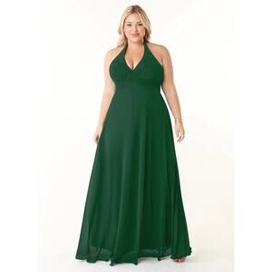 NWT Azazie Tessie A-Line V-Neck Pleated Chiffon Dress Dark Green Womens Size A22